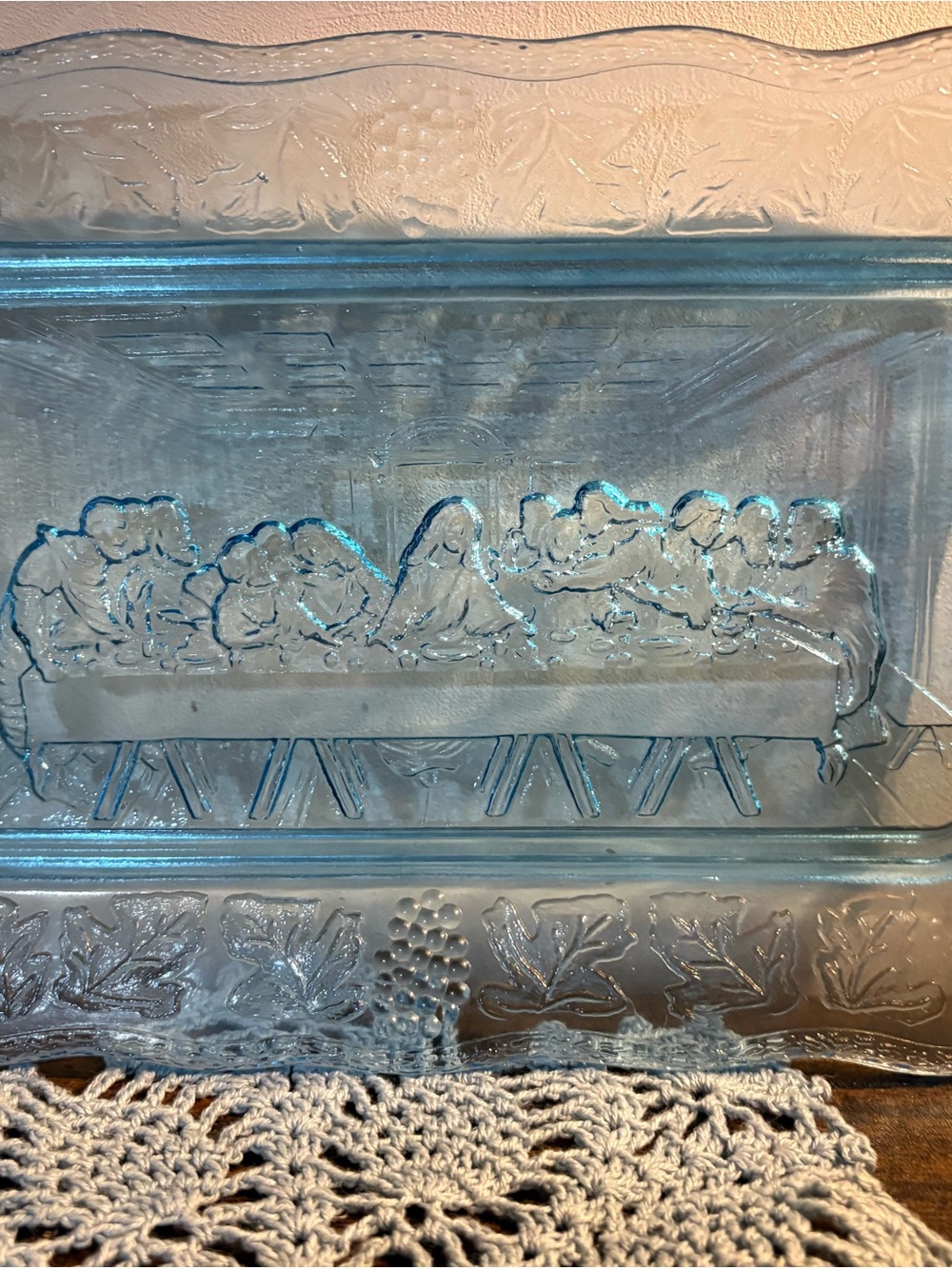 Blue Glass Decorative Serving Platter with Embossed Last Supper Motif